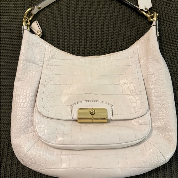 Coach Handbags - Coach White Croc-Embossed Leather Bag with Gold Clasp